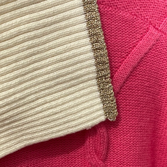 Talbots Berry Pink Cotton Blend Lattice Cable Johnny Collar Sweater Gold Trim XL - Picture 6 of 8